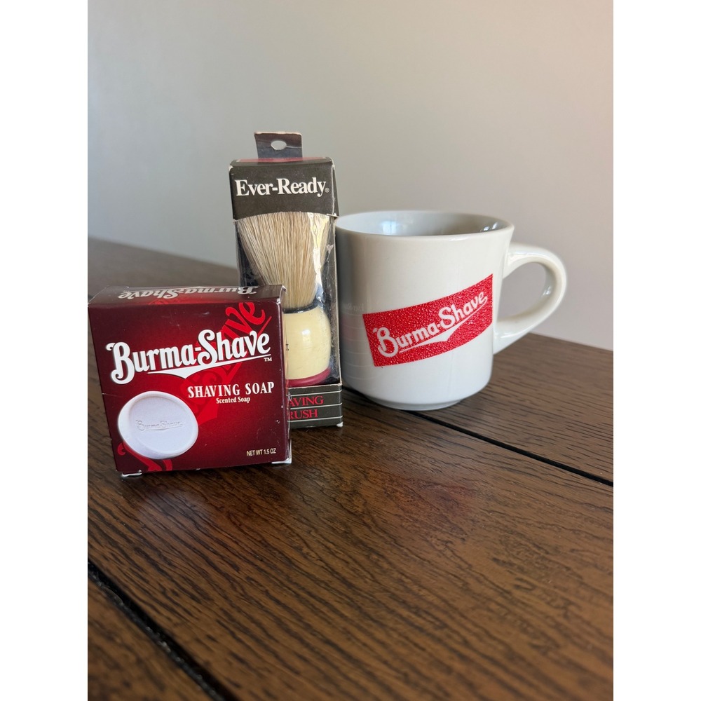 Burma Shave Shaving Set Men White Good Vintage Mug Ever-Ready Brush Soap New